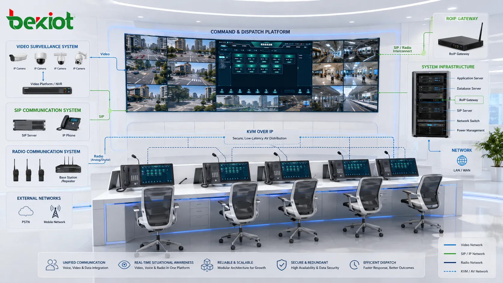 Command center architecture integrating video surveillance SIP communication RoIP gateway KVM seats and dispatch workstations