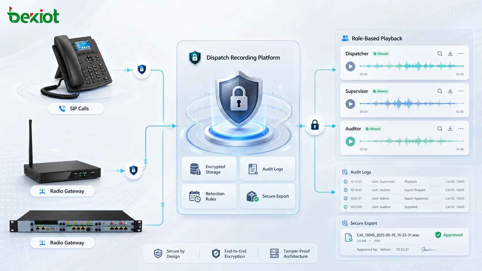 Secure dispatch recording architecture with SIP calls radio gateways encrypted storage and role based playback