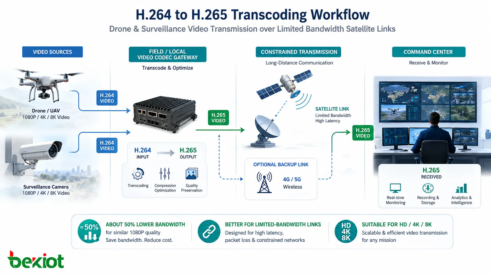 H264 to H265 transcoding workflow for drone and surveillance video transmission over limited bandwidth satellite links