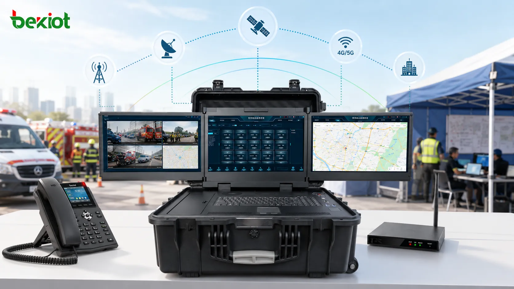 Vehicle mounted emergency command system integrating radio equipment onboard audio telephone network 4G and satellite phone links