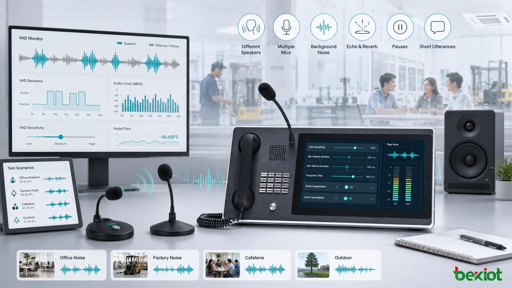Testing voice activity detection in noisy environments with microphones speakers and real time audio monitoring