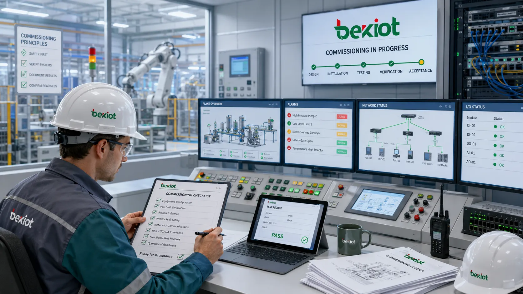 Commissioning engineer verifying equipment configuration test records and operational readiness in a control room
