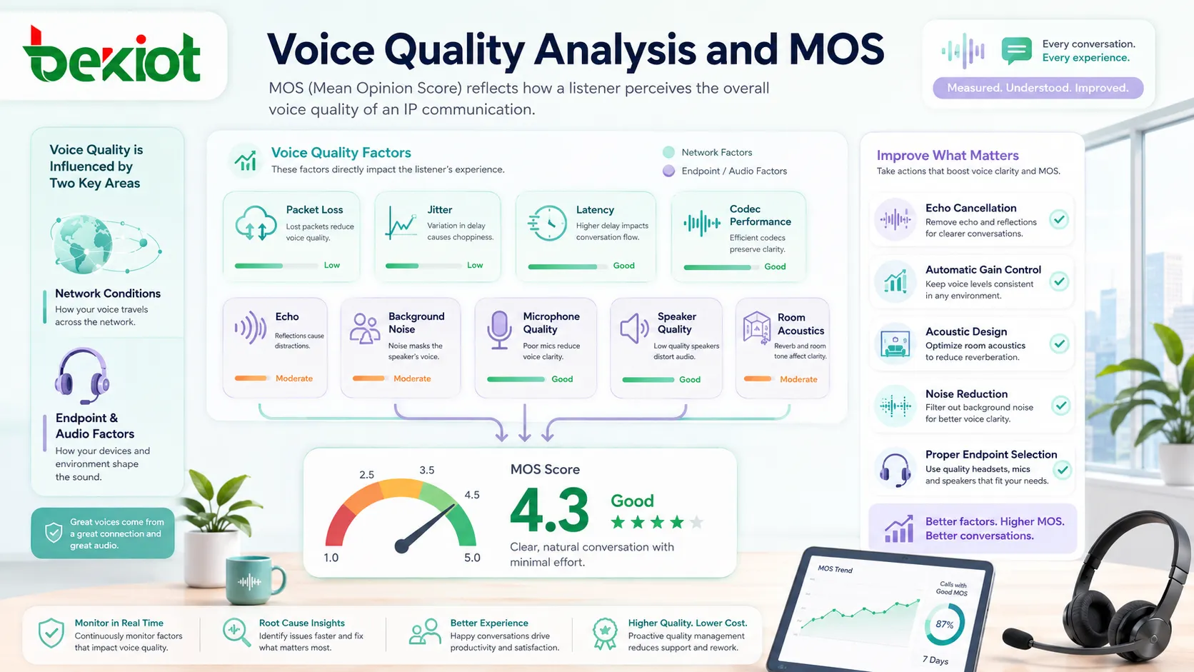 Voice quality analysis showing packet loss jitter latency codec and MOS relationship