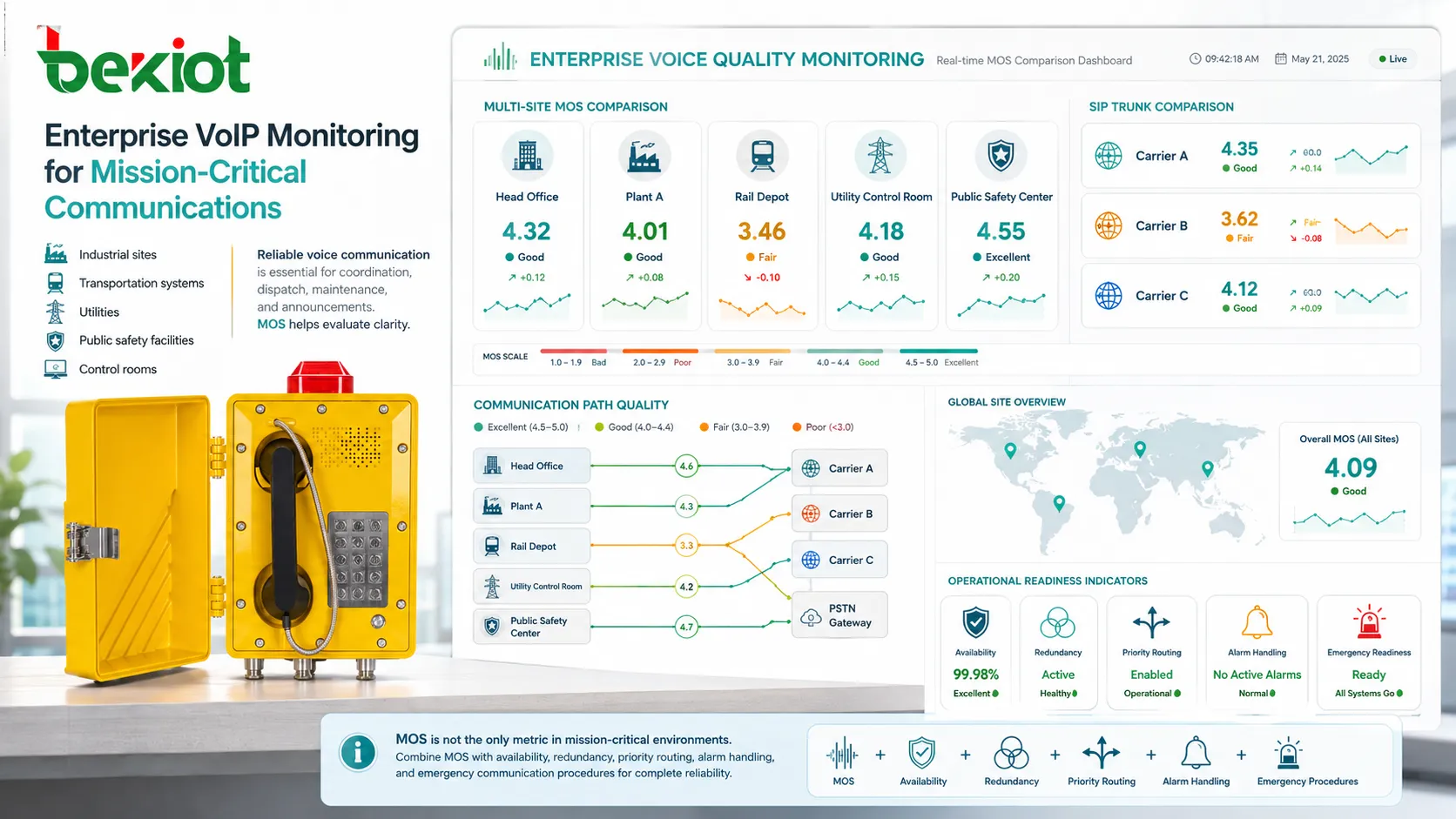 Enterprise VoIP monitoring platform comparing MOS scores across office sites and SIP trunks