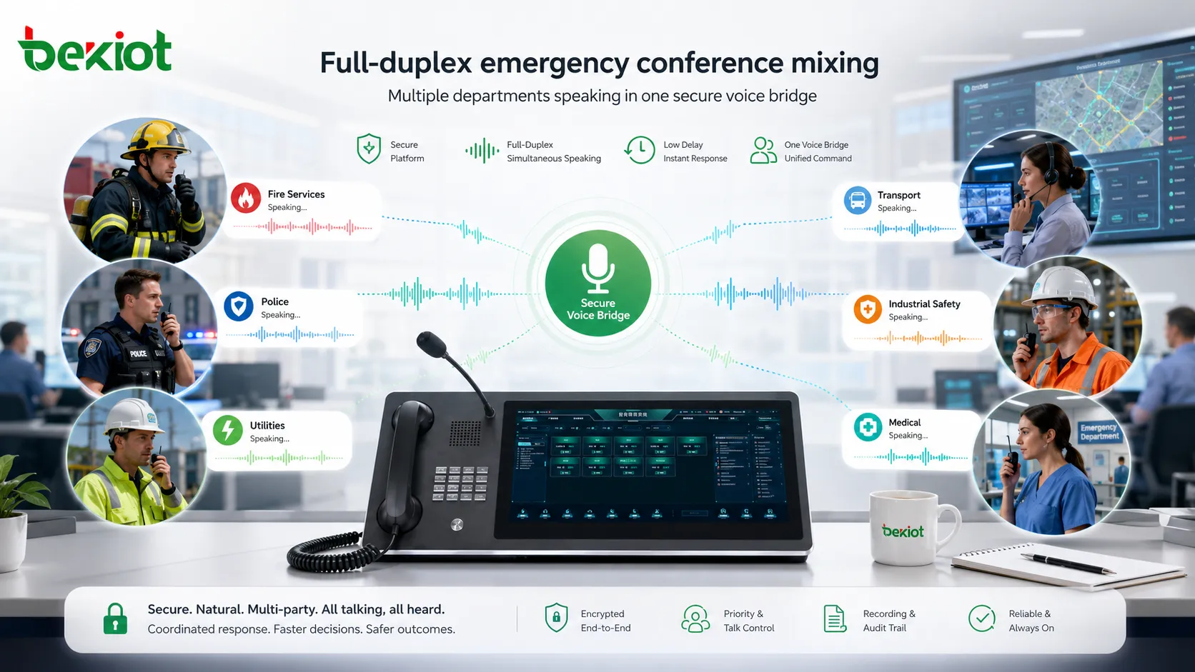 Full-duplex emergency conference mixing with multiple departments speaking in one secure voice bridge