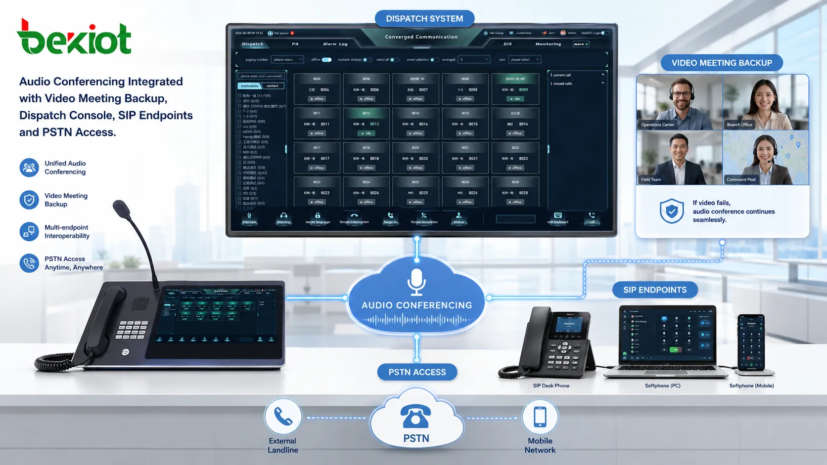 Audio conferencing integrated with video meeting backup dispatch console SIP endpoints and PSTN access