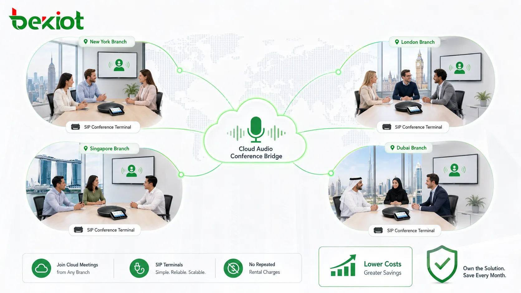 Branch offices using SIP conference terminals to join cloud audio meetings without repeated rental charges