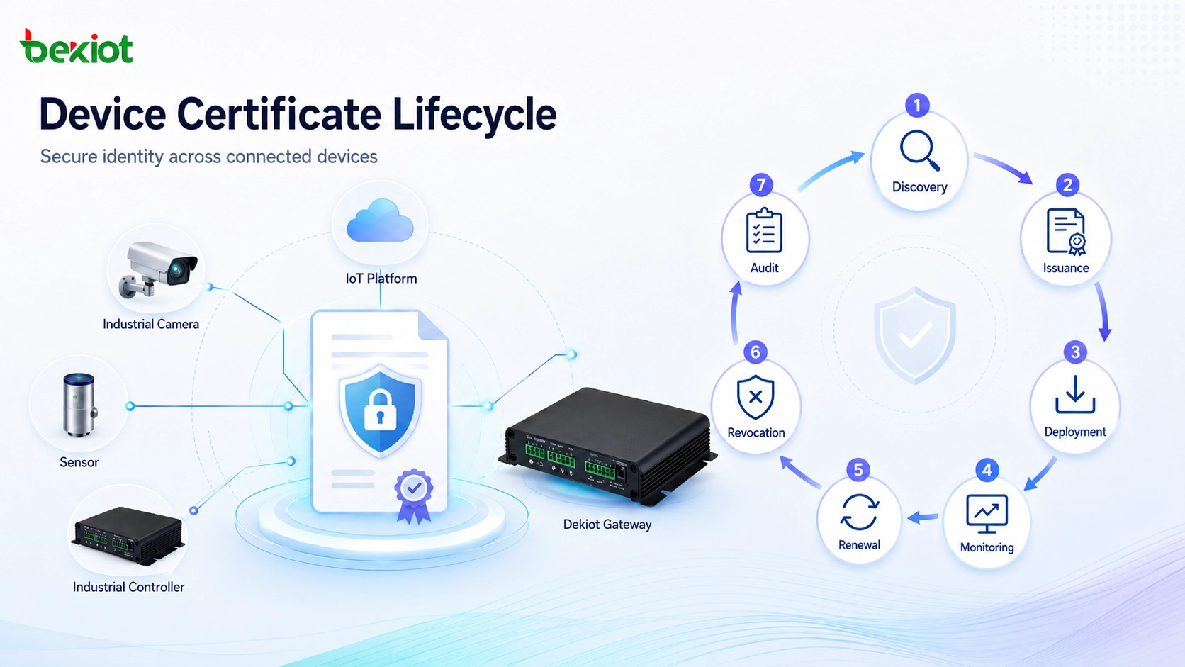 Digital certificate lifecycle showing issuance deployment renewal revocation and audit management