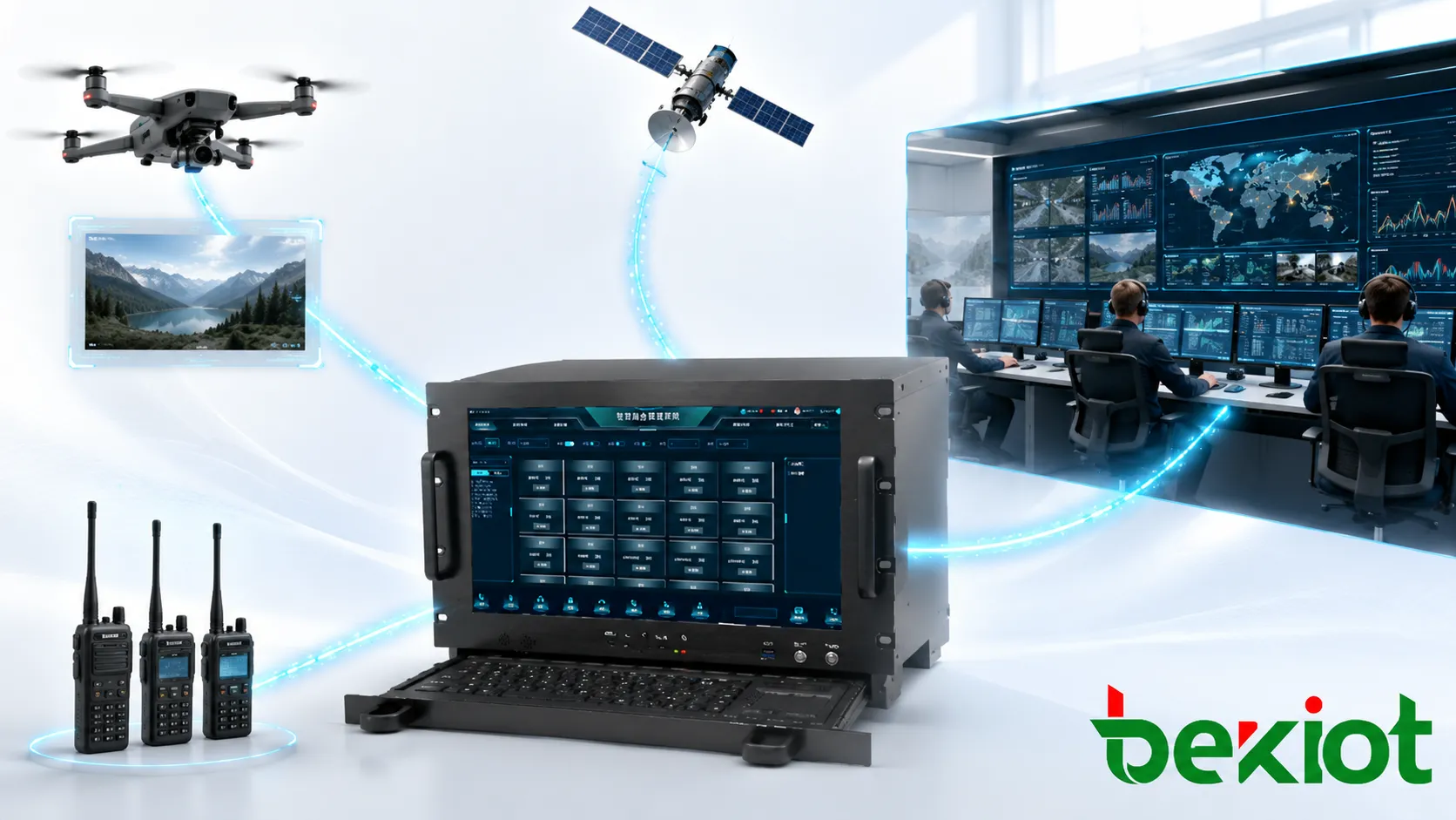 Emergency command case architecture connecting radios UAV video satellite link and rear command center