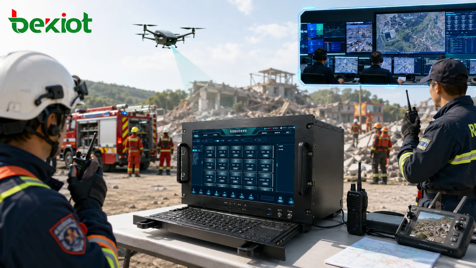 Mobile emergency command solution connecting rescue teams radios UAV video and rear command center