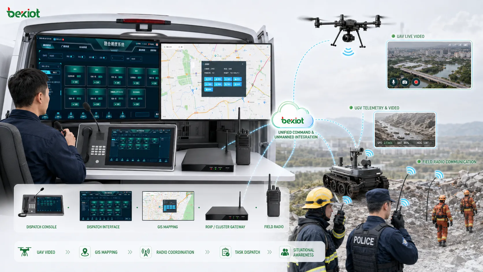 Unmanned equipment integrated with field command communication system for UAV video GIS mapping radio coordination and task dispatch