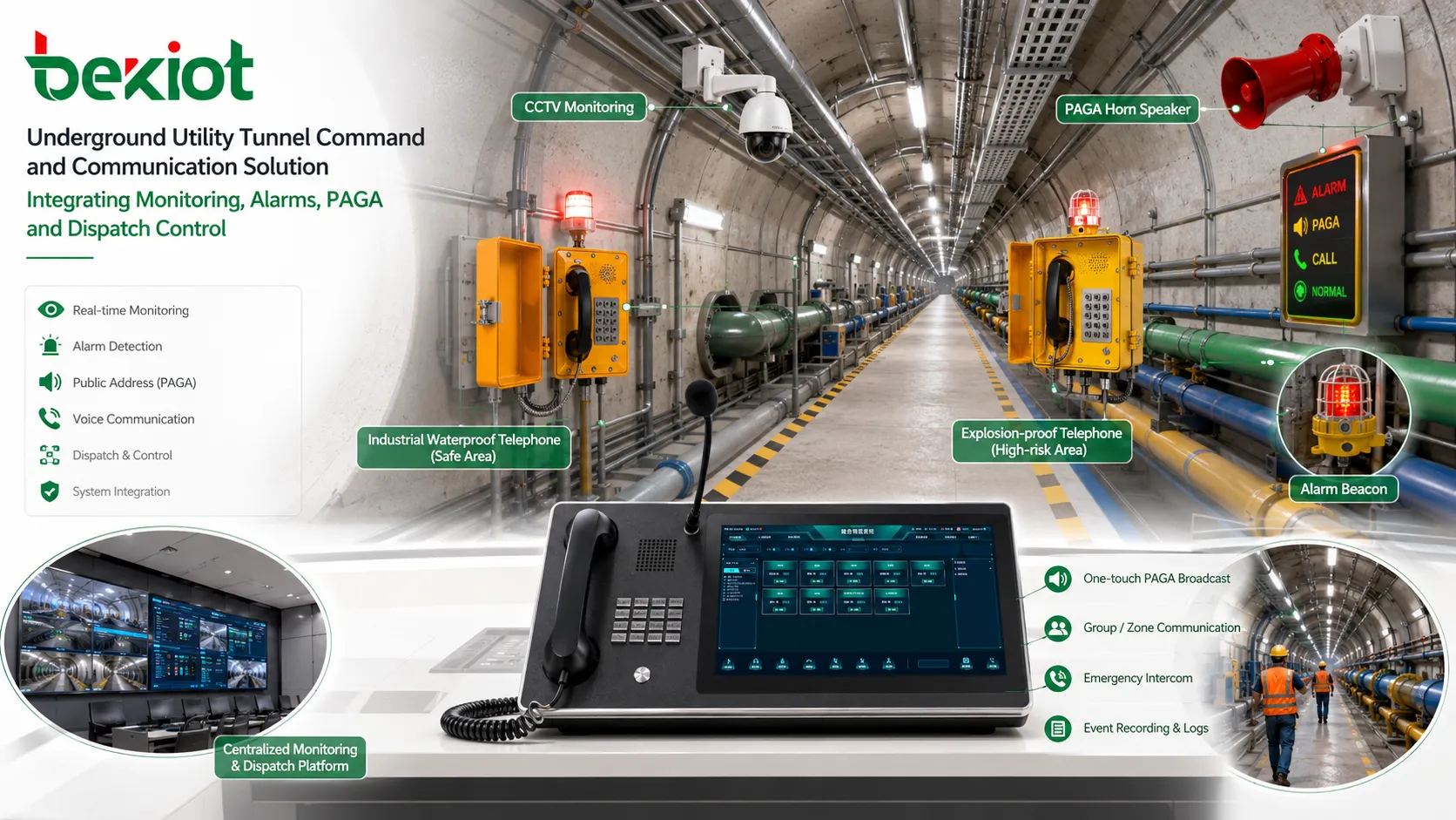 Underground utility tunnel command and communication solution integrating monitoring alarms PAGA and dispatch control