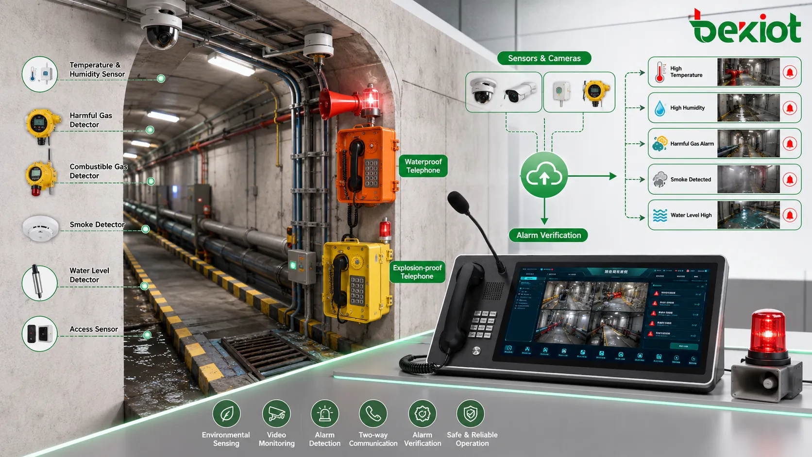 Utility tunnel sensors and video monitoring for temperature humidity harmful gas and alarm verification
