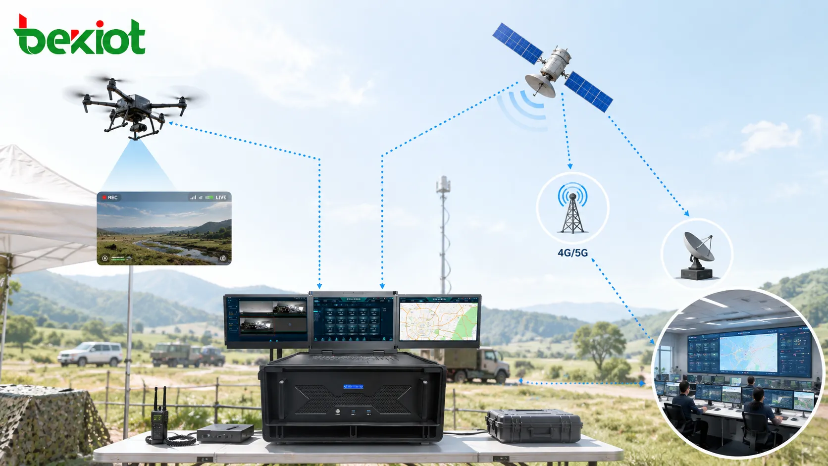 Drone video backhaul through broadband ad hoc network and satellite 4G 5G transmission
