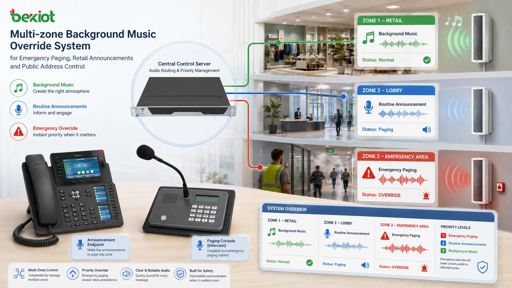 Multi-zone background music override system for emergency paging retail announcements and public address control