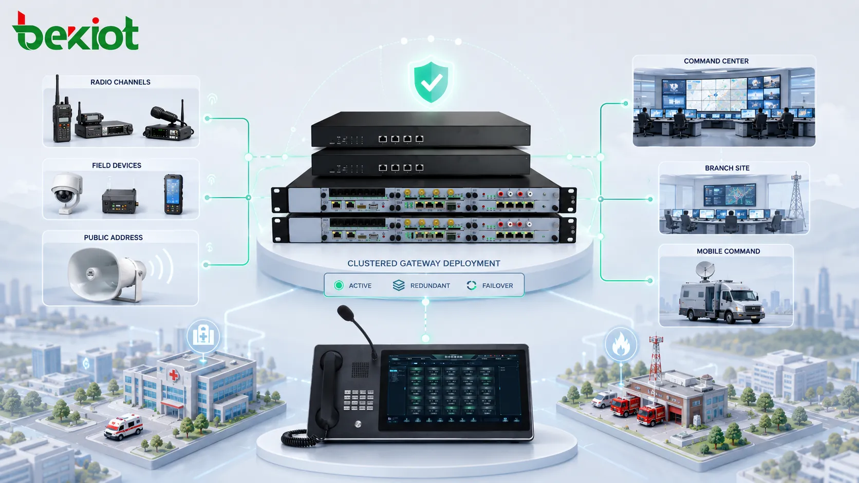 Cluster gateway deployment connecting radio channels IP dispatch platform and multi site command centers