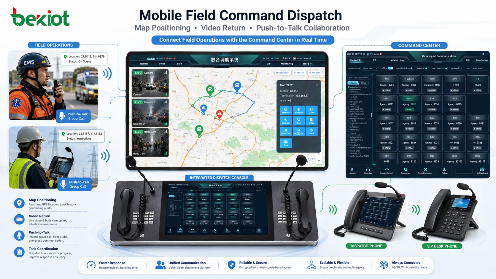 Mobile field command dispatch with map positioning video return and push to talk collaboration