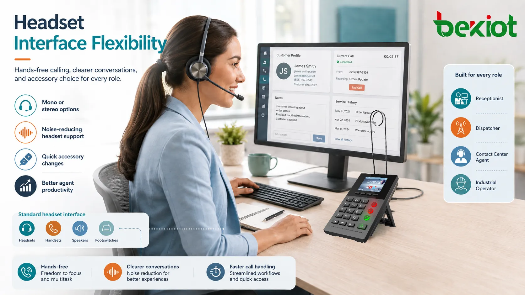 Contact center workstation using headset jack for agent calls customer records and hands-free operation