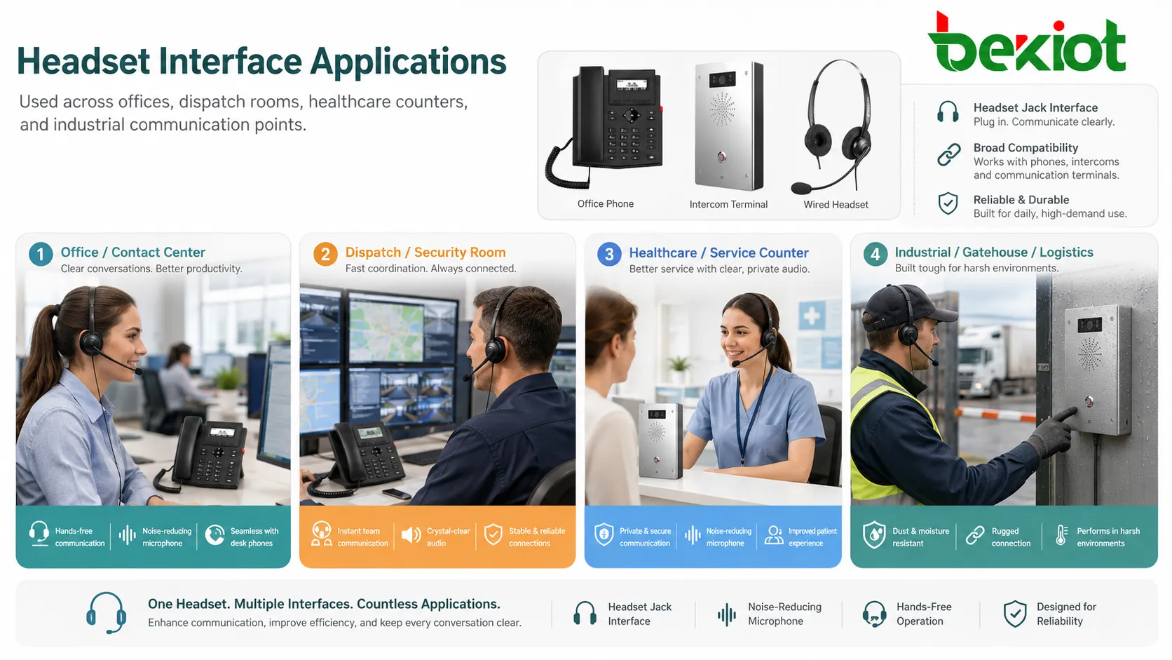 Headset jack applications in office phones dispatch consoles healthcare counters and industrial communication terminals