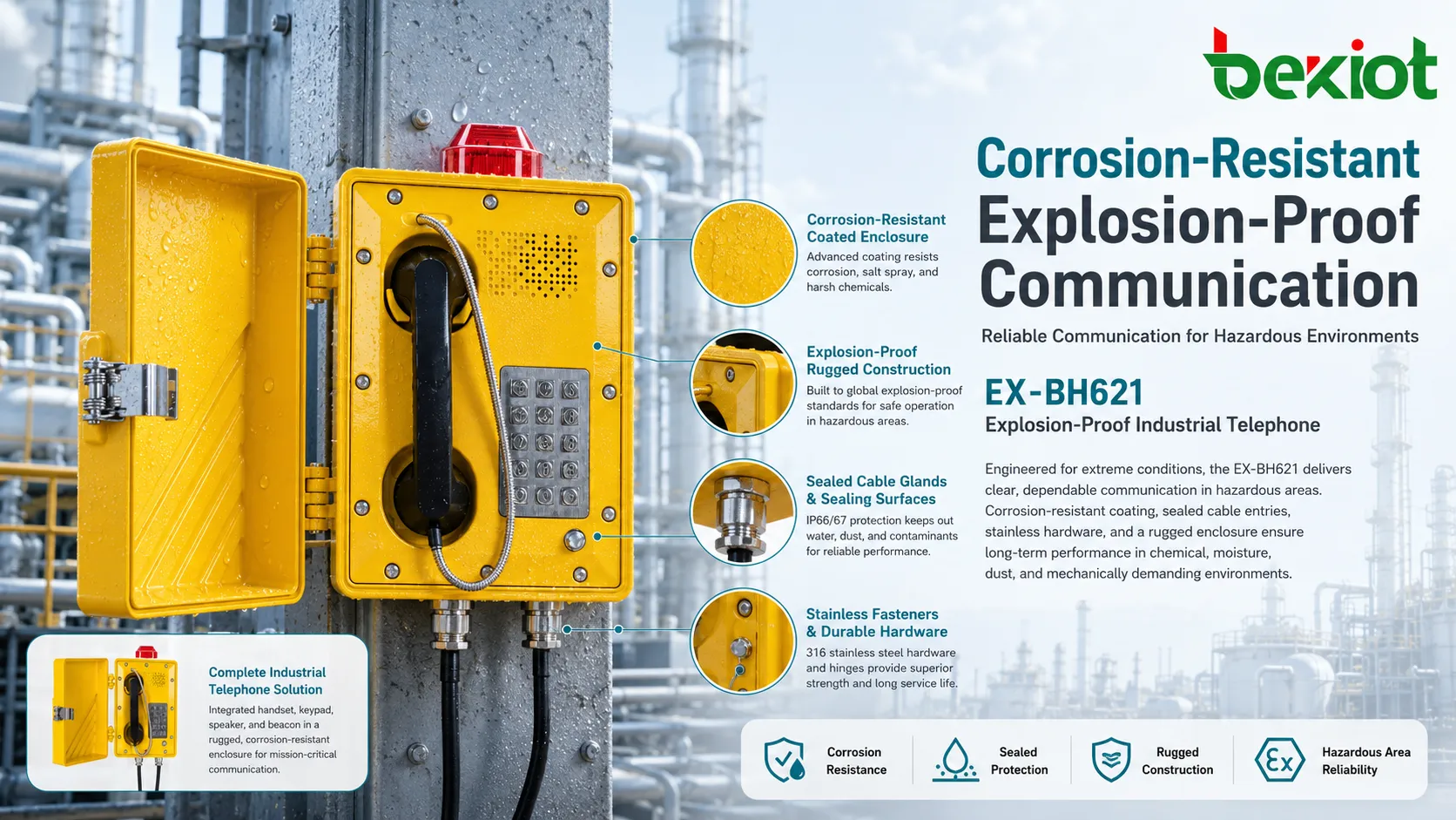 Corrosion resistant explosion proof telephone installed in chemical plant with stainless fasteners sealed cable glands and coated enclosure
