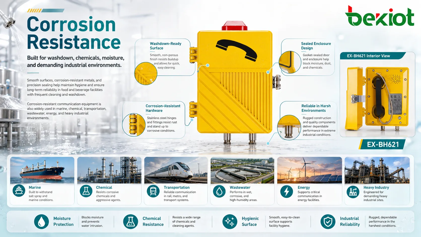 Corrosion resistant communication equipment used in marine chemical transportation and wastewater environments