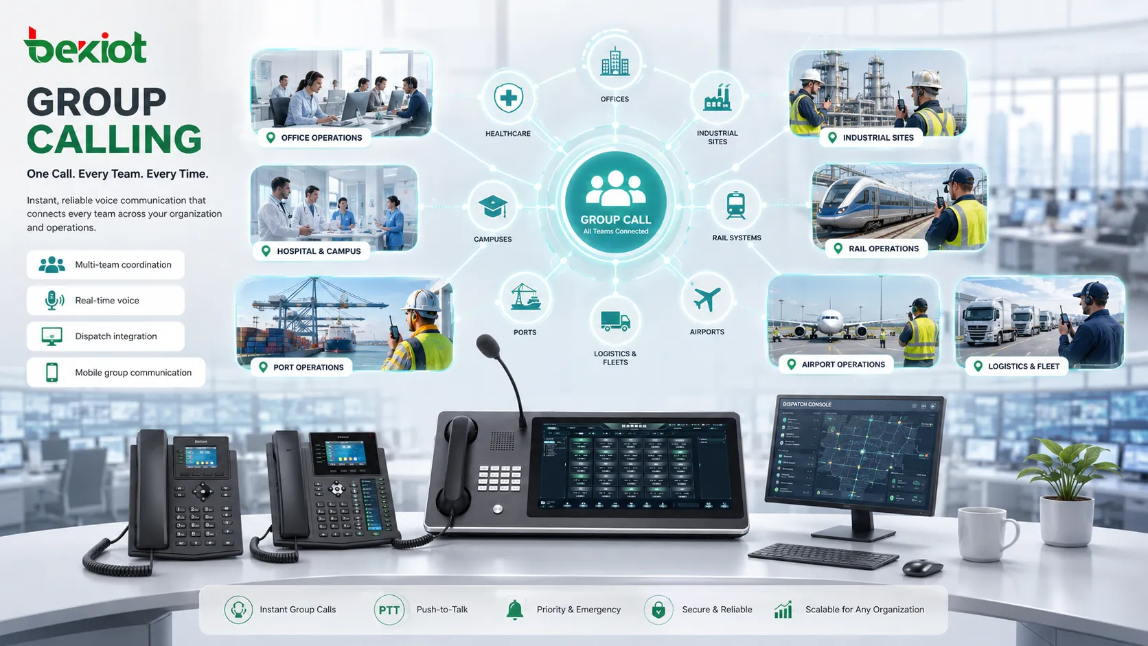 Group calling applications in offices hospitals campuses industrial sites and transportation dispatch centers