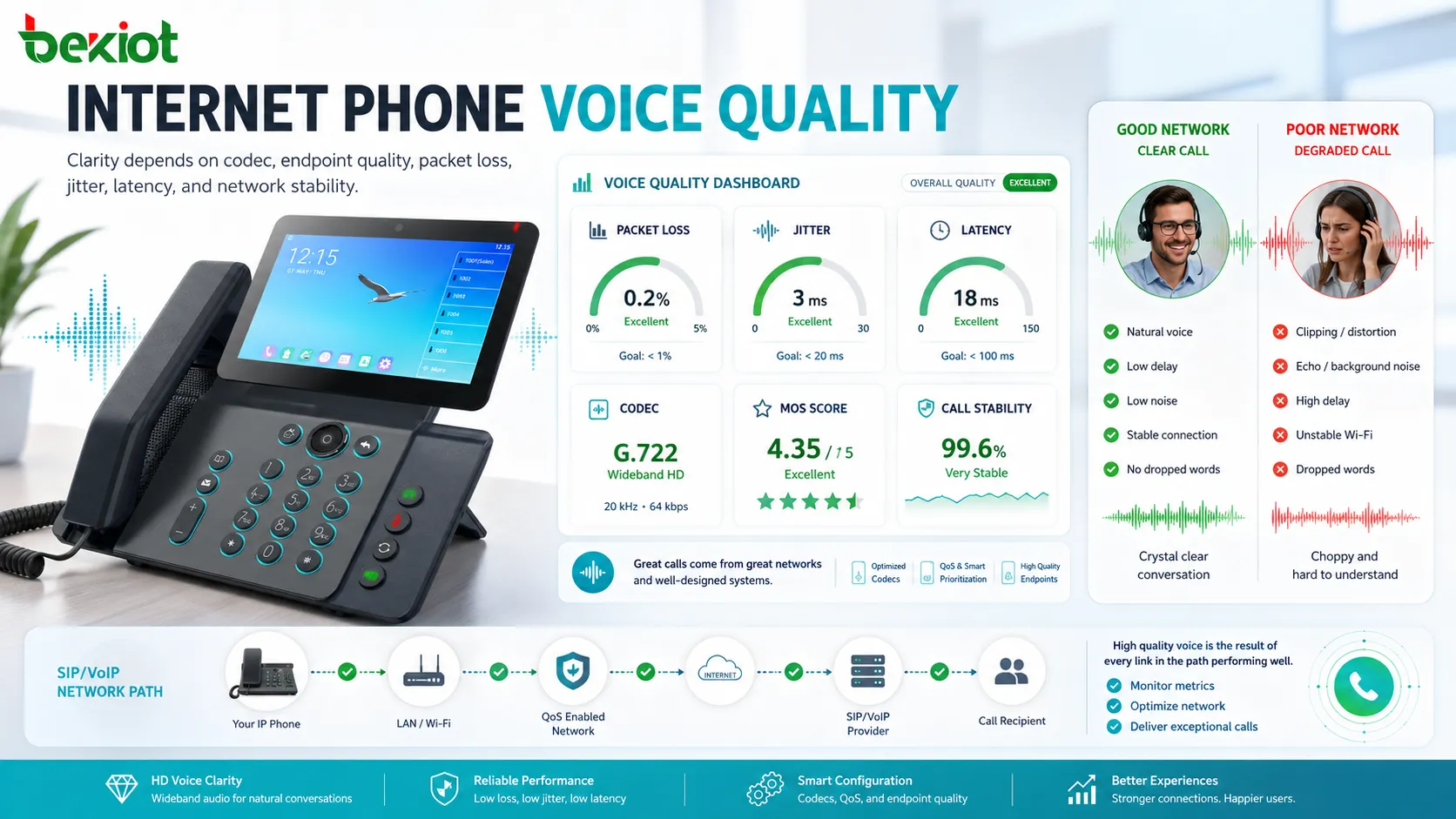 Voice quality comparison showing packet loss jitter latency codec and MOS score for internet phone calls