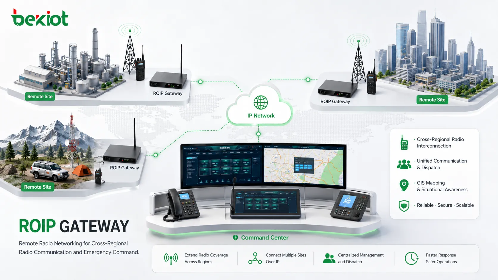 ROIP gateway remote radio networking for cross regional radio communication and emergency command