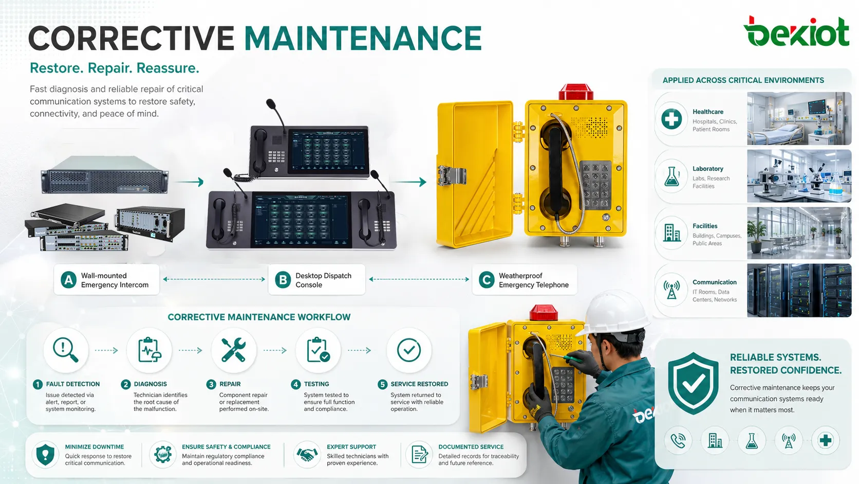 Corrective maintenance applications in manufacturing facility systems IT infrastructure and healthcare equipment repair