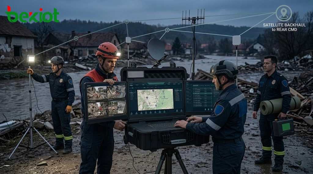 Field command post connected to rear emergency command center through satellite radio video and self-organizing network links