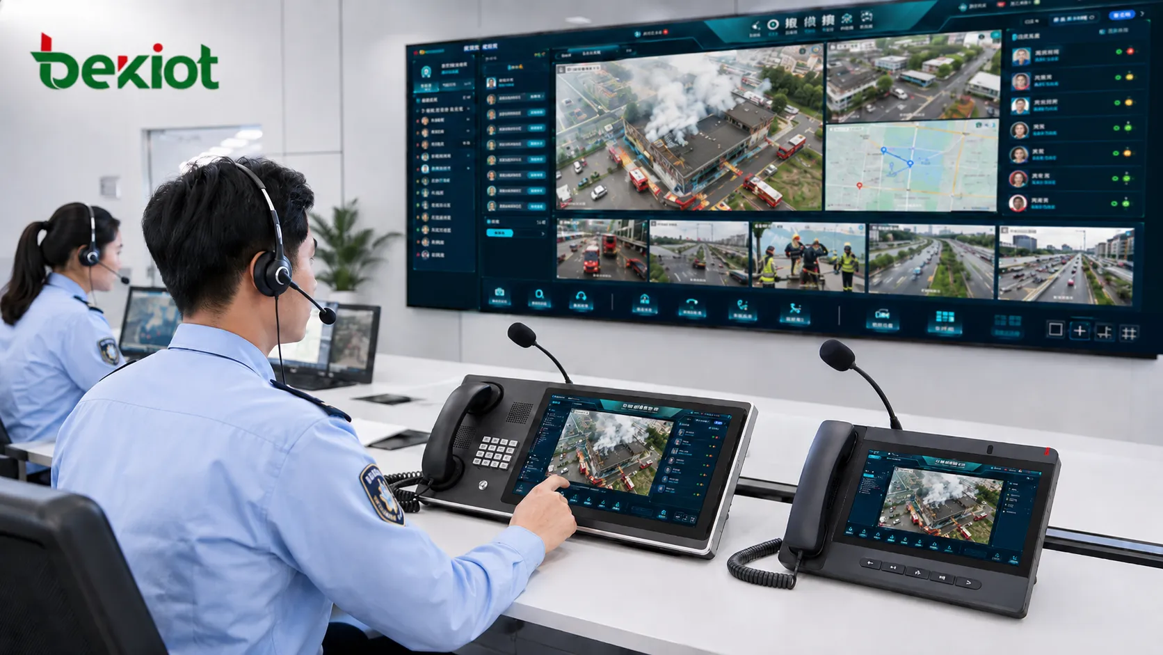 Drone video displayed on dispatch console with voice command and multi-source field monitoring