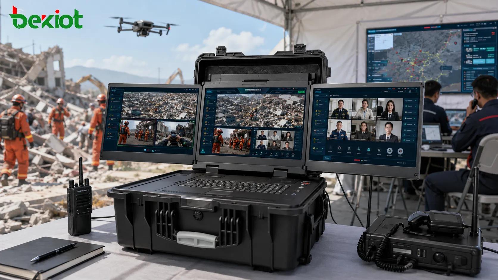 Emergency command box combining drone camera body camera and conference video into one multi-screen fused stream