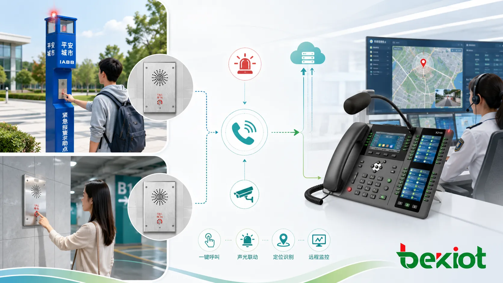 Emergency telephone features including one button call hands free audio location display beacon alert and remote monitoring