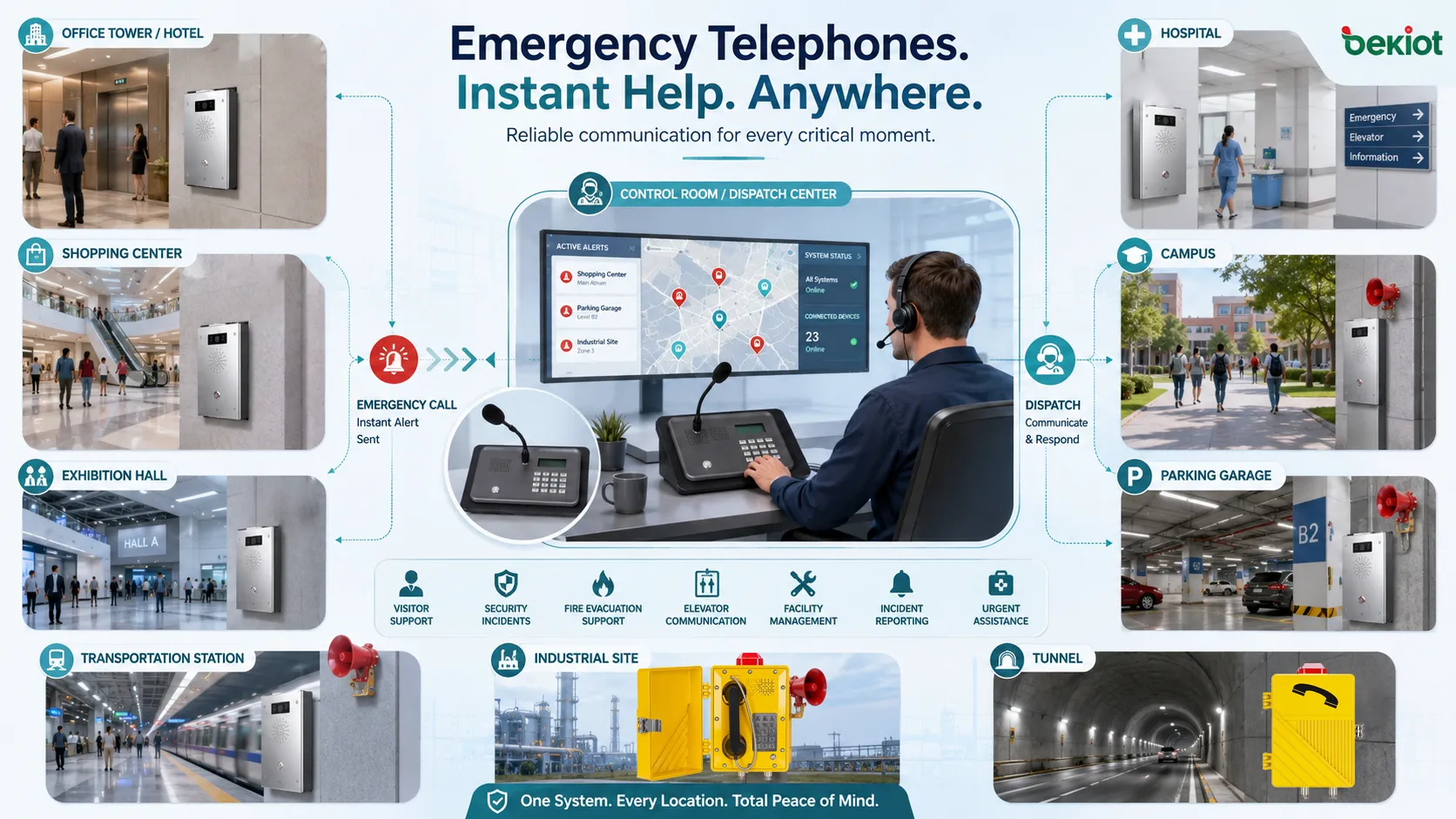 Emergency telephone applications in campus tunnel parking garage industrial site hospital and transportation station