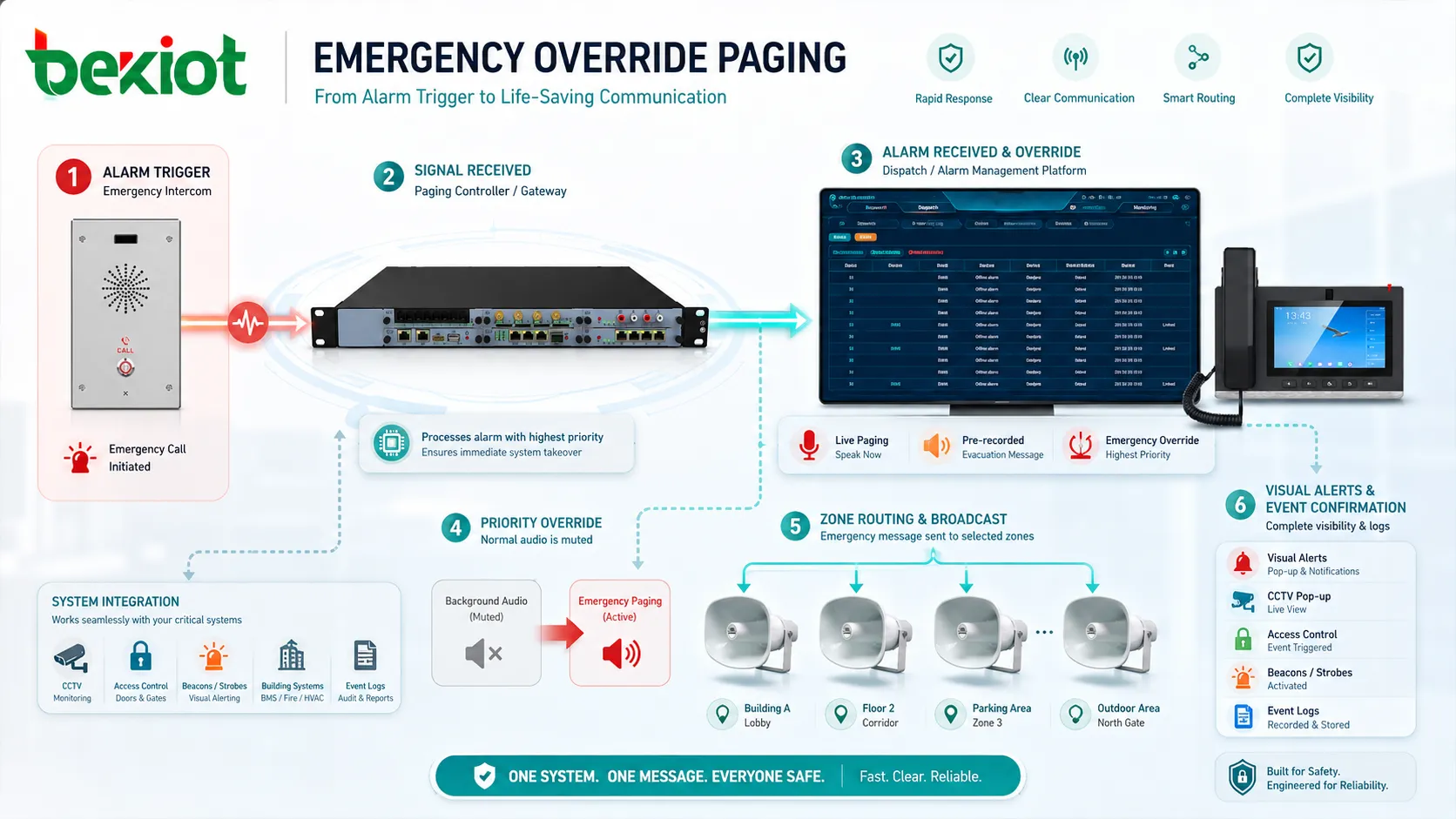 Emergency paging priority workflow with alarm trigger zone routing live microphone and pre recorded evacuation message