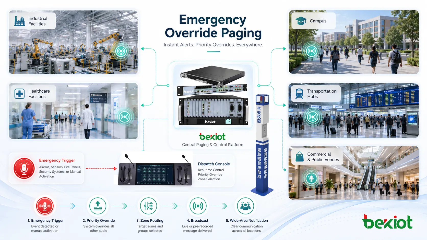 Emergency override paging applications in factory campus hospital transportation station and commercial building