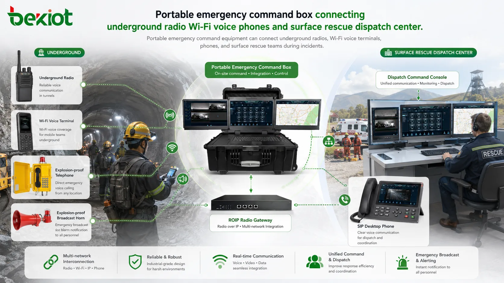 Portable emergency command box connecting underground radio Wi-Fi voice phones and surface rescue dispatch center