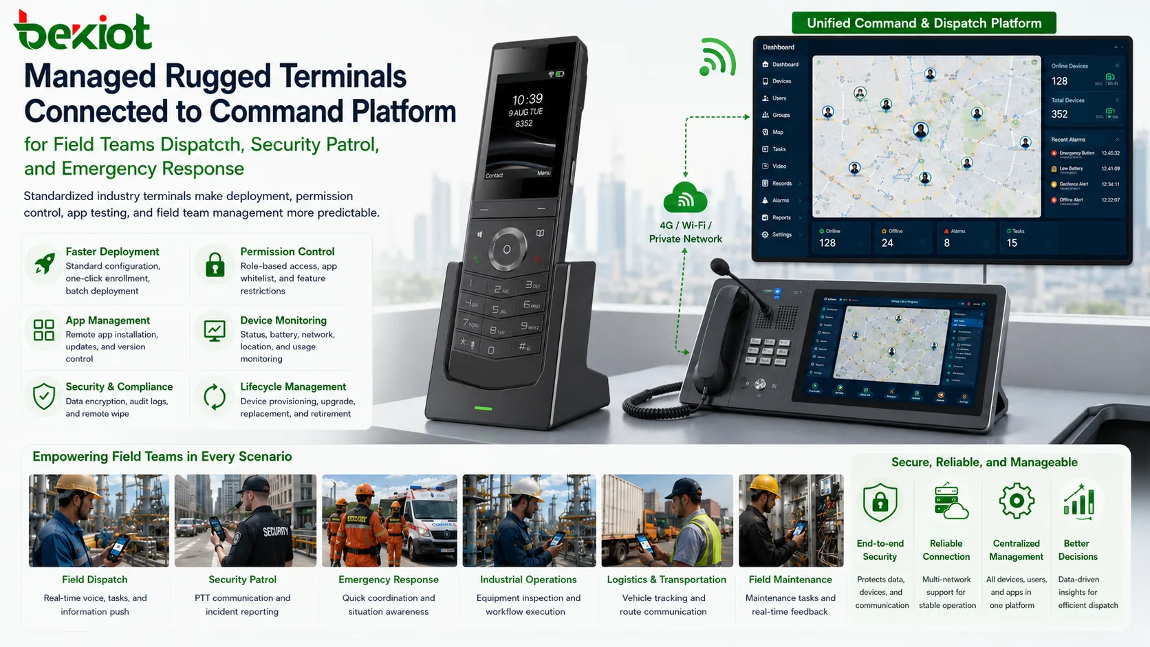 Managed rugged terminals connected to command platform for field teams dispatch security patrol and emergency response