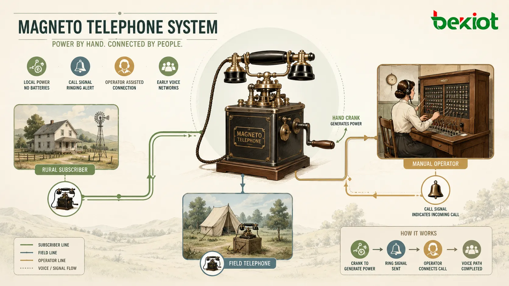 Historical magneto telephone system connecting rural users field telephones and manual operator switchboard