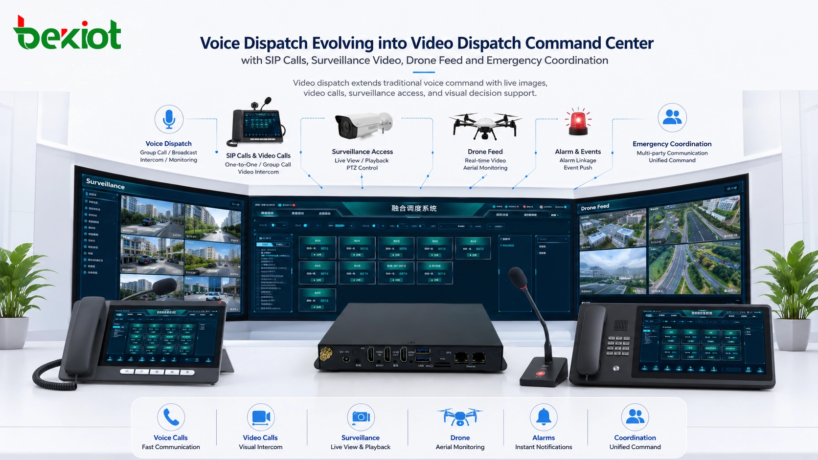 Voice dispatch evolving into video dispatch command center with SIP calls surveillance video drone feed and emergency coordination