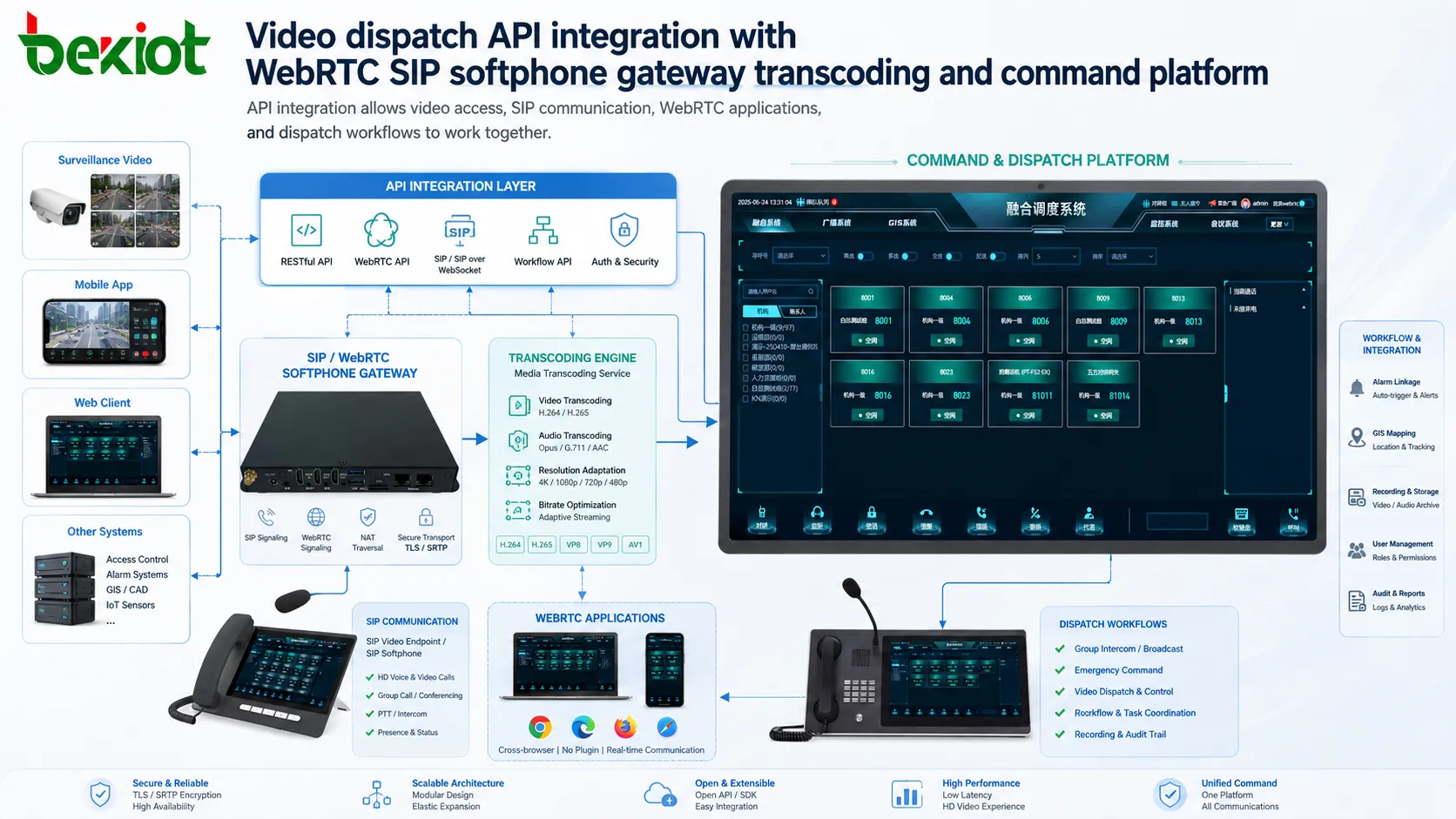 Video dispatch API integration with WebRTC SIP softphone gateway transcoding and command platform