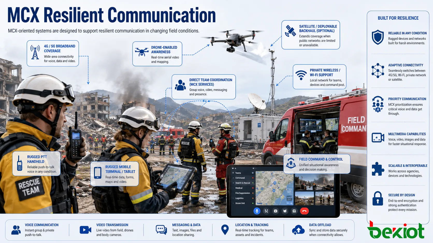 MCX resilient communication supporting emergency field response broadband coverage and direct team coordination