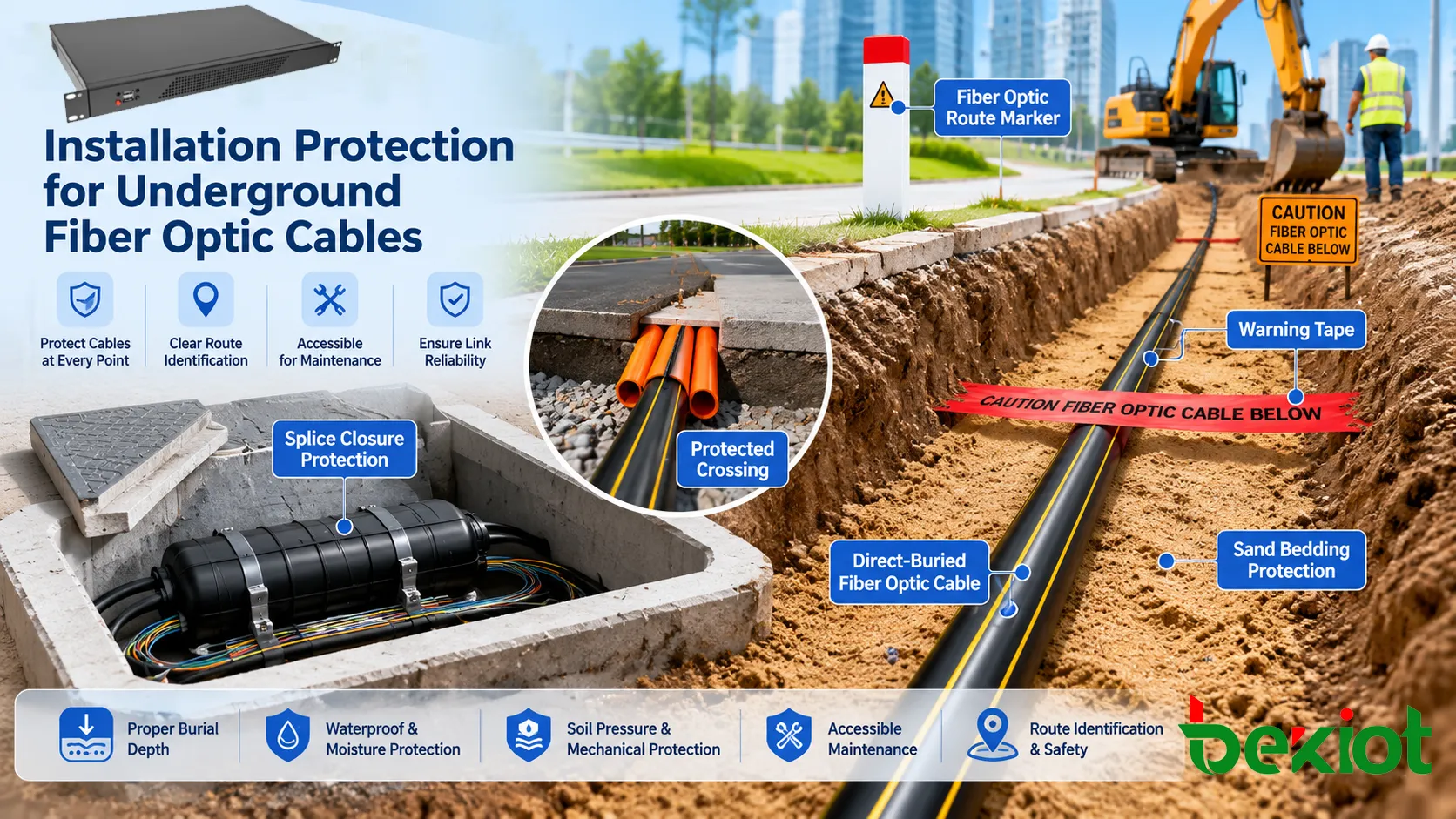 Underground fiber optic cable trench with sand bedding warning tape marker route protective conduit and reinforced crossing section