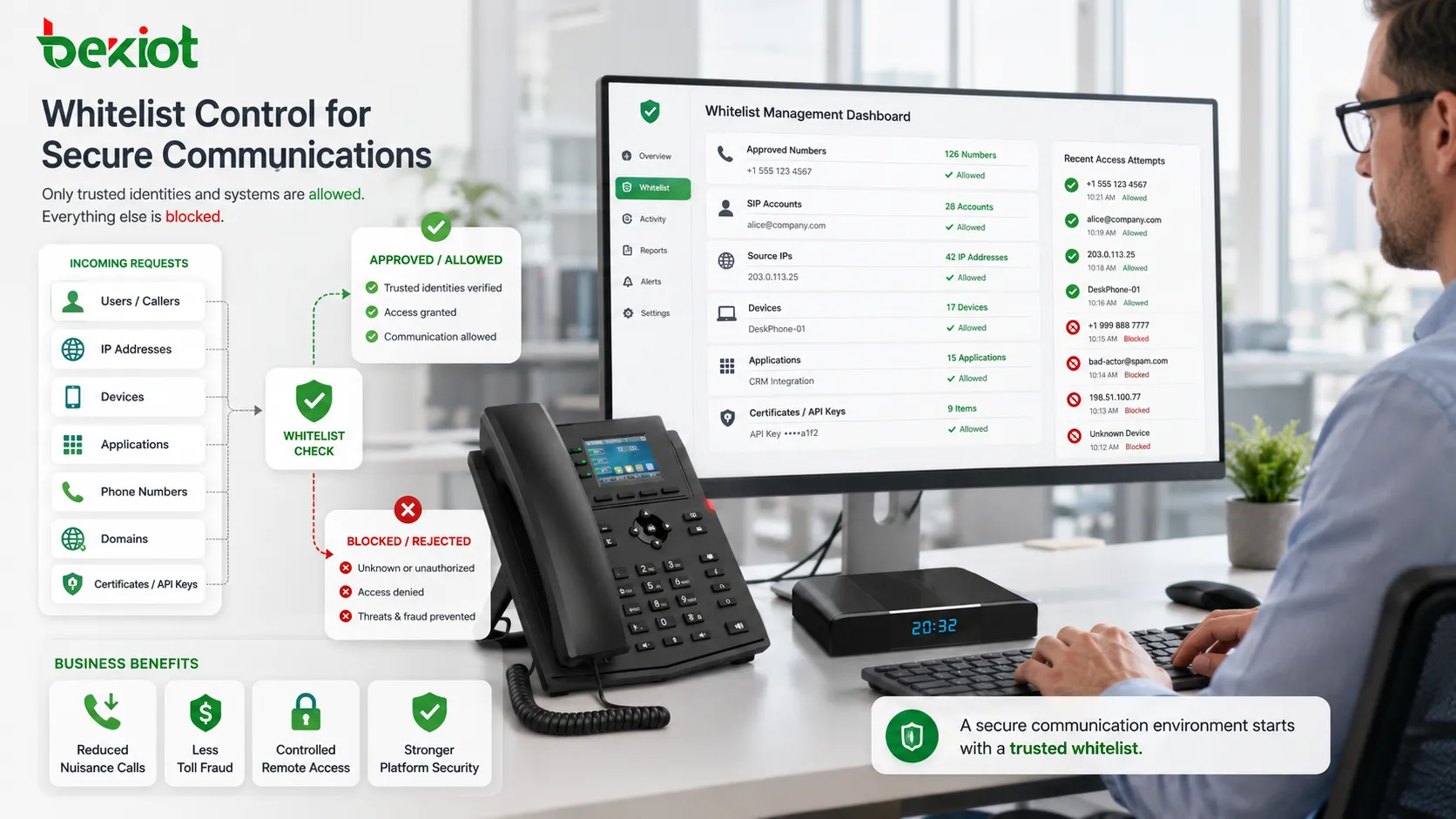 Whitelist control examples including user allowlist IP allowlist device allowlist application allowlist and caller number approval