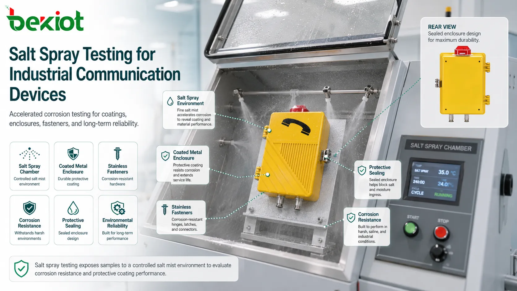 Salt spray testing chamber evaluating corrosion resistance of coated metal enclosure stainless fasteners and industrial communication device