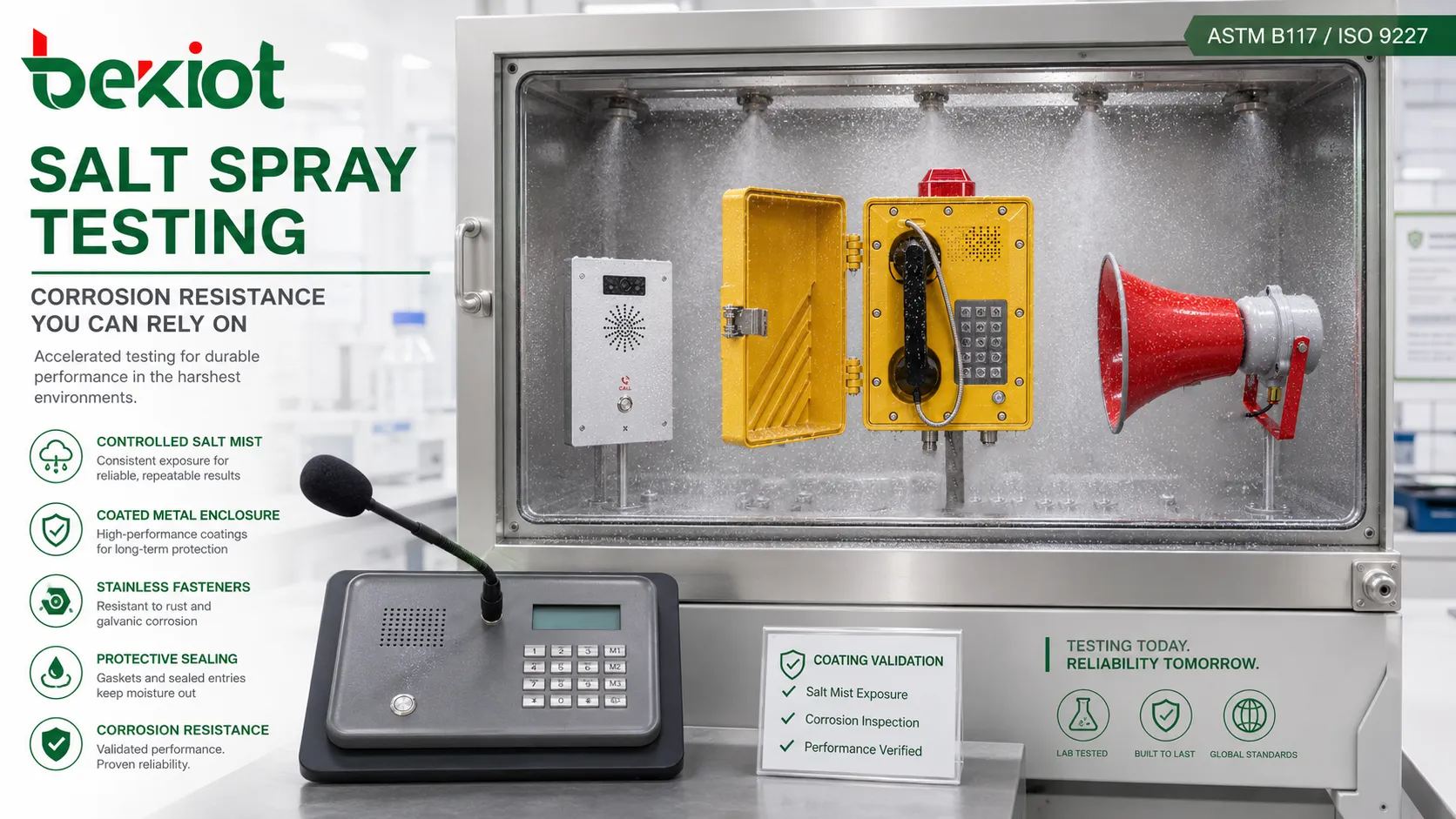 Salt spray test for explosion proof amplified telephone enclosure fasteners cable glands and coated metal surface
