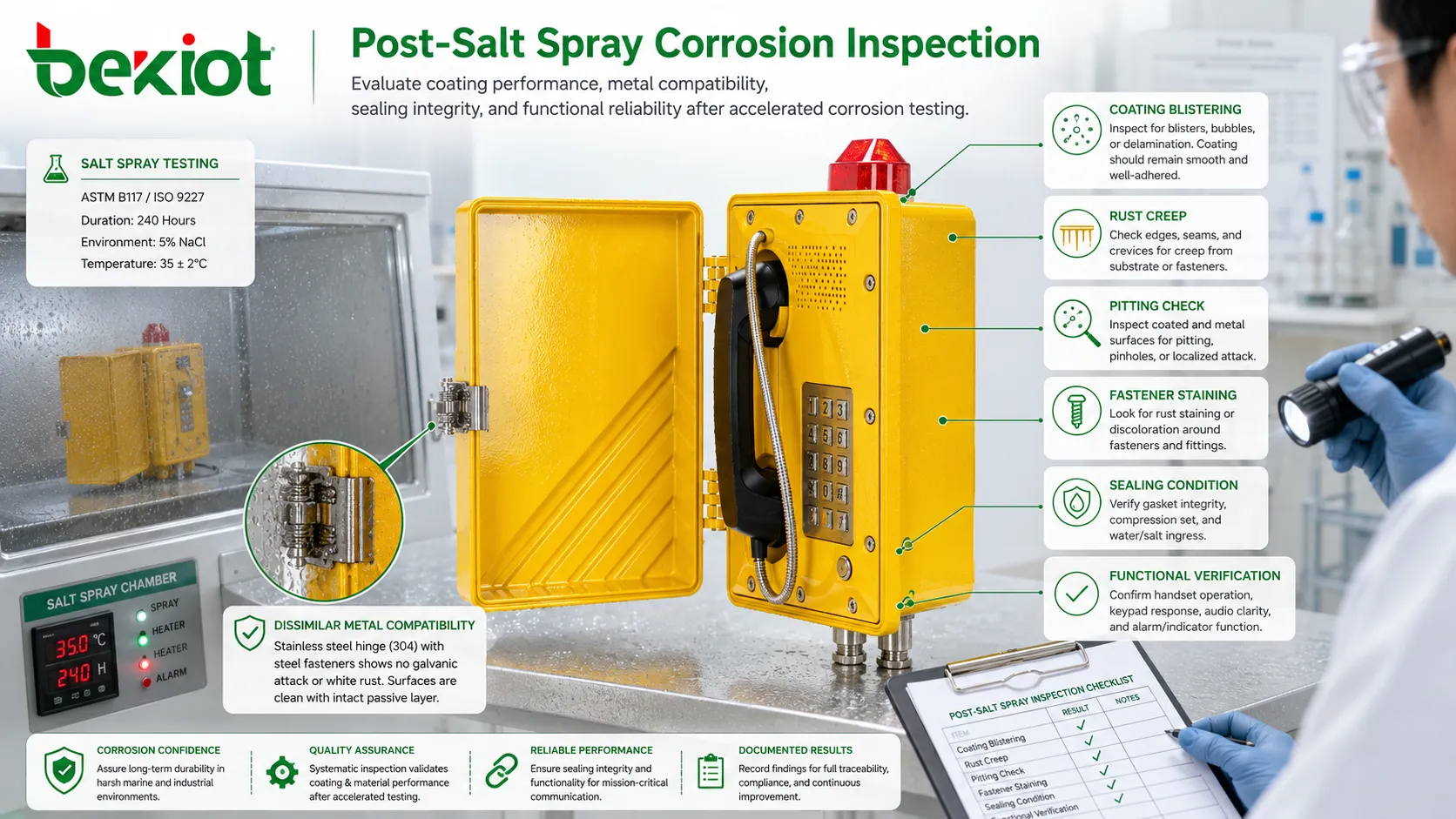 Corrosion inspection after salt spray testing showing coating blistering rust creep pitting fastener staining and functional checks