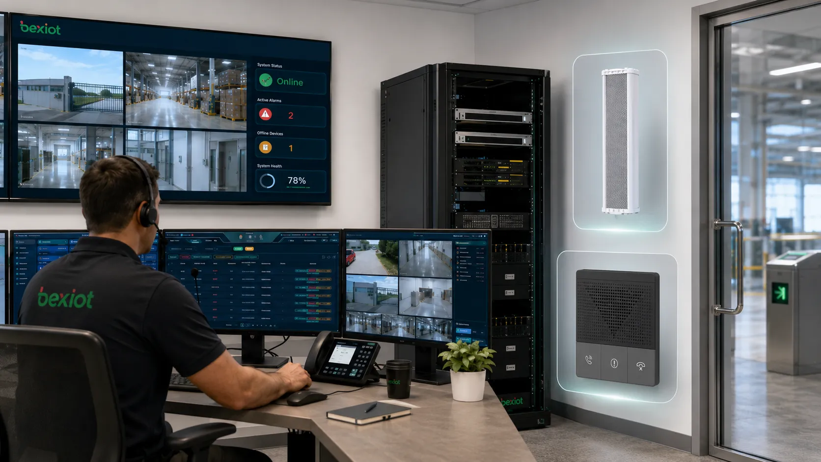 Emergency control room integrating alarm panel paging broadcast CCTV access control and BK RCS response coordination