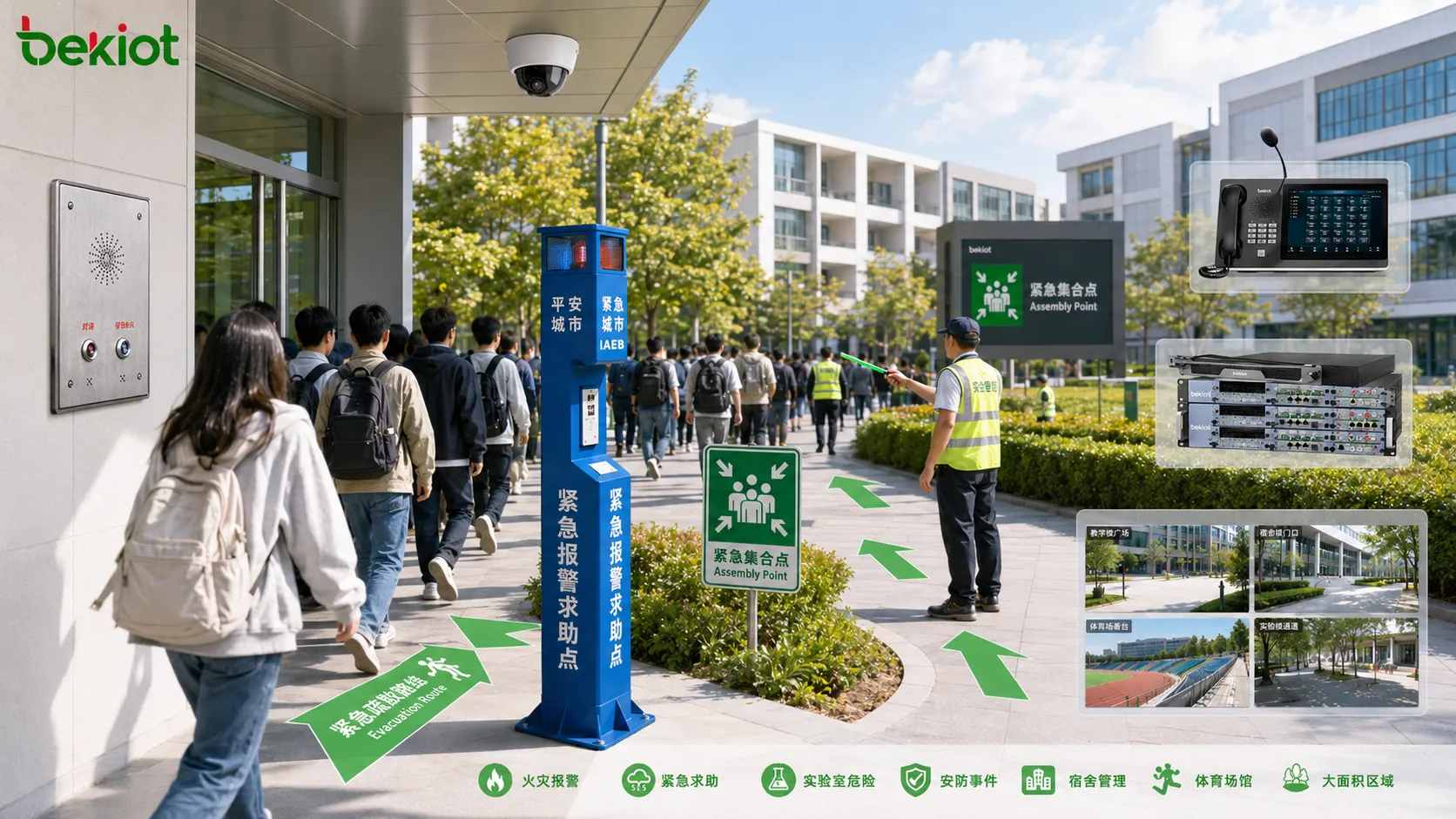 Evacuation applications in industrial plant hospital transport station campus commercial building and public venue