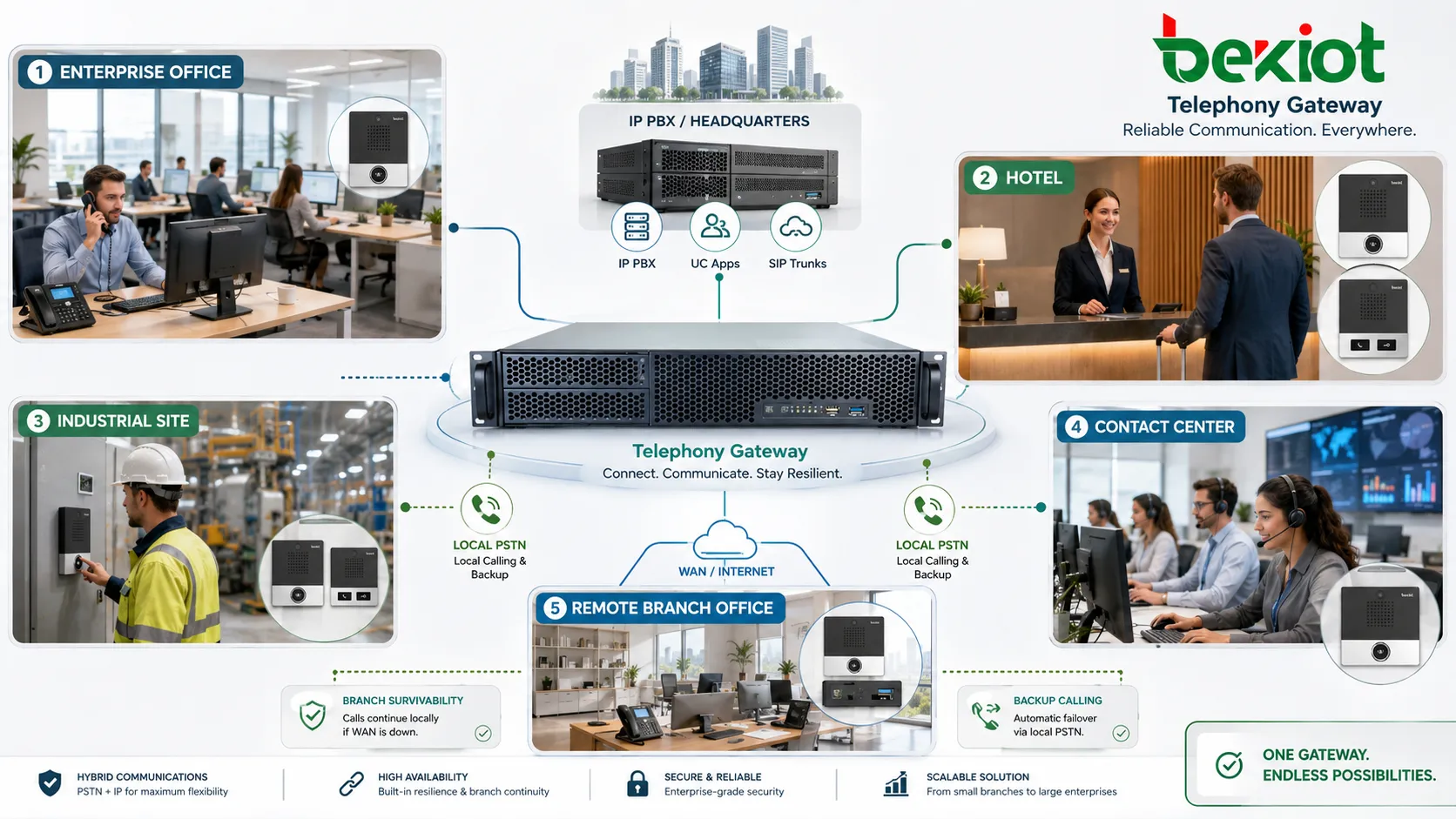 Telephony gateway applications in enterprise office hotel industrial site contact center and remote branch network